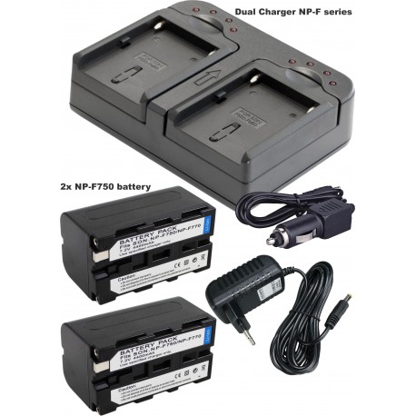 BATK2F750 - 2x NP-F750 Li-ion batterijen 4400mAh + Dubbele batterijlader met auto adapter 12V en voedingsadapter 220V