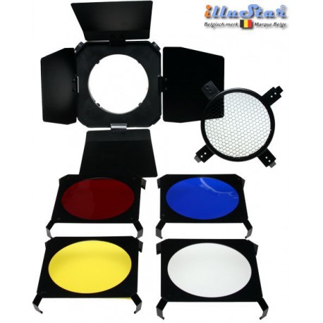 BDSMD - Set coupe-flux 4 volets pour flash ø98~82mm - avec 4 filtres couleurs & grille nids d'abeilles - illuStar