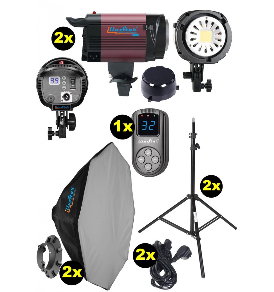 Kit éclairage studio LED, 2x LEDB-1000 Lampe LED 100W pour studio,  numérique, 2x trépied 195cm, 2x boîte à lumière ø80cm, WR-L99 -   GSL NV/SA