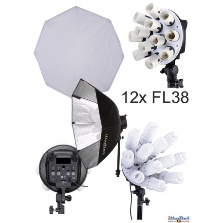 CL12FLSBO - Lampe de studio (2280W) avec 12x 38W lampes fluorecentes E27 - Boîte à lumière octogonale ø80 cm - illuStar