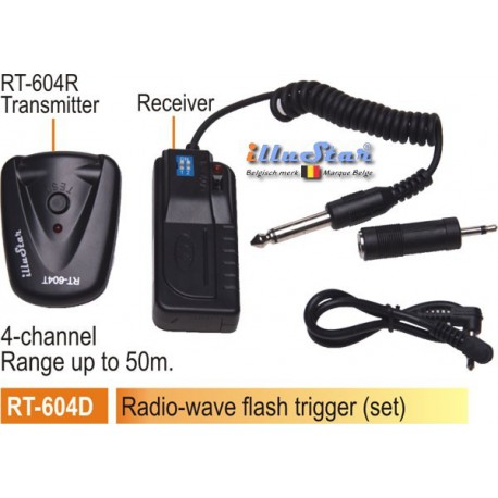 RT-604D - Radio wave Flash Trigger set - Receiver (2xAAA 1.5V battery not included) + Transmitter - 4-channels RT-604D - Radio wave Flash Trigger set - Receiver (2xAAA 1.5V battery not included) + Transmitter - 4-channels