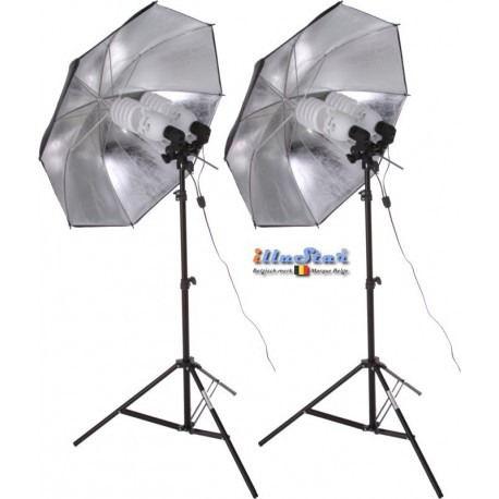 Kit éclairage continu studio , 4x 105W Lampe fluorescente à spirale, 2x Trépied 190cm, 2x Parapluie argent ø84cm - illuStar