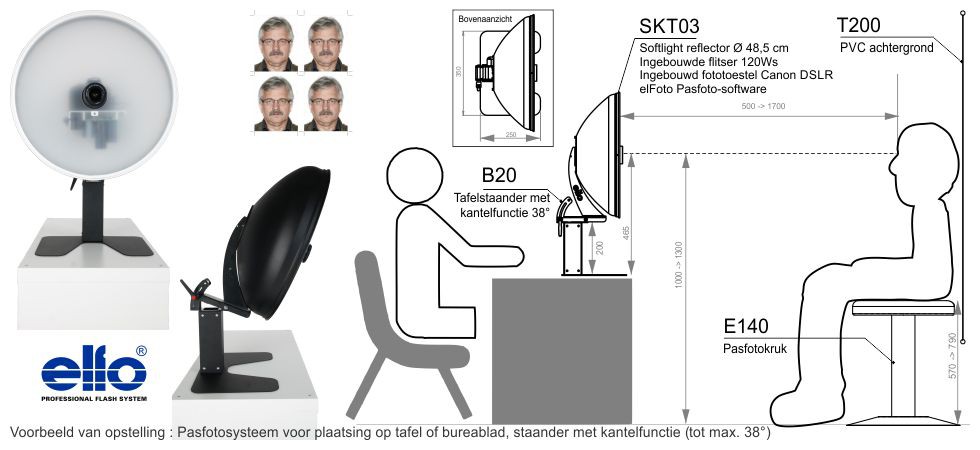 SKT03-ID-B20 - Pasfoto systeem voor plaatsing op tafel of bureablad, Beauty dish met ingebouwde flitser 120 Ws en fototoestel Canon DSLR, B100 staander, pasfoto-software